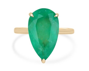 6.28ct 18K Natural Large Rare Pear Cut Colombian Emerald Solitaire Gold Ring, 750 Claw 3-Prong Set Pear Gold Emerald Right Hand Ring