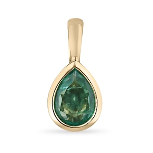 1.0ct 14K Natural Pear Cut Emerald Solitaire Pendant Charm, Lush Green Emerald Bezel Set in Gold, Slider Pendant Charm for May Birthday 585