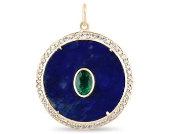 9.02tcw 14K Natural Lapis Lazuli, Emerald, & Diamond Halo Disk Pendant, Bezel Emerald + Lapis Medallion, Diamond Dial Coin Charm 14K