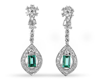 6.20tcw Art Deco Colombian Emerald & Diamond Dangle Earrings 18K, Baguette Cut Emerald Diamond 18K Earrings, Omega Emerald Diamond Earrings
