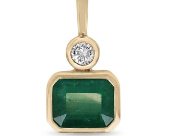 3.62tcw 14K Dark Green Emerald Cut Emerald & Brilliant Round Diamond Accent Pendant, Lush Green Emerald East to West Necklace Bezel Set 585