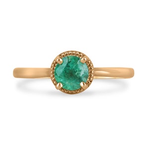 Anello solitario con smeraldo taglio rotondo 0,90 ct in oro rosa 14K, anello di fidanzamento con smeraldo con alone di perline, anello solitario per la mano destra in oro 14K