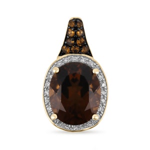 4.67tcw 10K Natural Smokey Topaz, Diamond, & Yellow Diamond Pendant, Oval Smokey Topaz with Diamond Halo and Yellow Diamond Bale Necklace