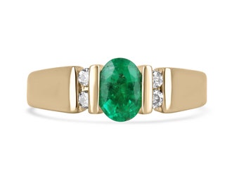1,28tcw 14K ovaler Smaragd- und Diamant-Akzent-Damenring, sattes grünes, ovales, kolumbianisches Smaragd-Spannset, Fünf-Steine-Ring für die rechte Hand 585