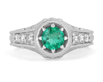 0.98tcw Scroll Hand Carved Engagement Colombian Emerald & Diamond Ring 14K, Emerald Engagement Ring,Emerald Solitaire w Accents Ring Gift