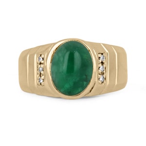 4.93tcw 14K Natural Emerald Cabochon-Oval Cut & Diamond Accent Men&#39;s Ring, Natural Oval Emerald Cabochon Ring, 14K Gold Cabochon Mens Ring