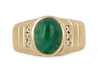 4.93tcw 14K Natural Emerald Cabochon-Oval Cut & Diamond Accent Men's Ring, Natural Oval Emerald Cabochon Ring, 14K Gold Cabochon Mens Ring