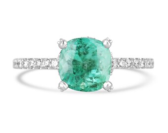 2.40tcw 14K Cushion Colombian Emerald & Diamond Accent Engagement Ring, Medium Light Green Emerald, Diamond Gallery and Shank in 585 Gold