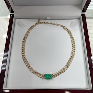 17.46tcw Colombian Emerald & Diamond 7.7mm Cuban Choker Chain 18K Gold, Emerald Chocker Necklace on Cuban Link Chain, Fine Jewelry,Earthmine