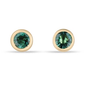0.50tcw 14K Natural Round Cut Emerald Earrings Bezel Set, 3.70mm Gold Baby Emerald Studs 585, Lush Medium Green Emerald Petite Studs