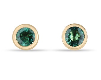 0.50tcw 14K Natural Round Cut Emerald Earrings Bezel Set, 3.70mm Gold Baby Emerald Studs 585, Lush Medium Green Emerald Petite Studs