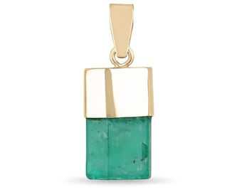13.37ct 14K Natural Rough Colombian Emerald Terminated Crystal Pendant Necklace, Emerald Rough Bezel Set in Gold, Unisex Emerald Stacking