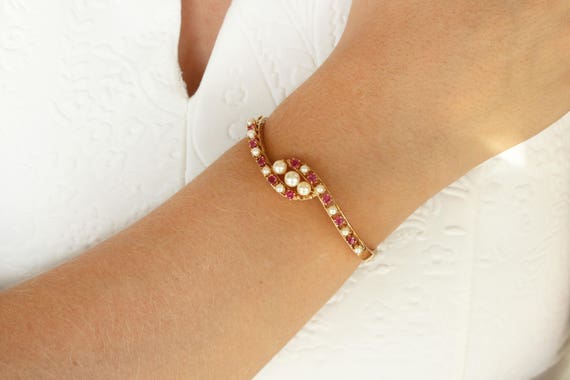 2.25cts Ruby Pearl Bangle Bracelet 14k, Ruby Bang… - image 2