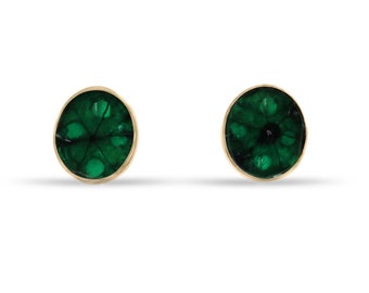 3.0tcw 18K Natural Colombian Emerald Oval Trapiche Slice Stud Earrings, Rich Dark Green Emerald Trapiche Cut Earrings, Bezel Set Earring 750