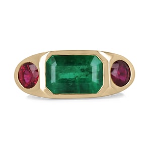 4.83tcw 18K 3 Stone Horizontal Emerald & Round Ruby Gypsy Bezel Ring, Emerald Ruby Ring, Emerald Gypsy Ring, 18K Emerald 3 Stone Ring