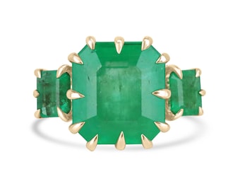 13.73tcw 18K Vivid Medium Green Emerald Three Stone Trilogy Ring, Multi-Prong Emerald Cut Colombian Emerald Gold Statement Cocktail Ring 750