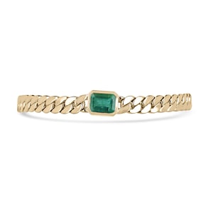 2.80ct 14K Natural Emerald Cut Emerald Flat Curb Bracelet, Men&#39;s Emerald Solitaire Gold Cuban Link Bracelet, East to West Emerald Bezel Set