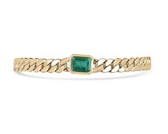 2.80ct 14K Natural Emerald Cut Emerald Flat Curb Bracelet, Men's Emerald Solitaire Gold Cuban Link Bracelet, East to West Emerald Bezel Set