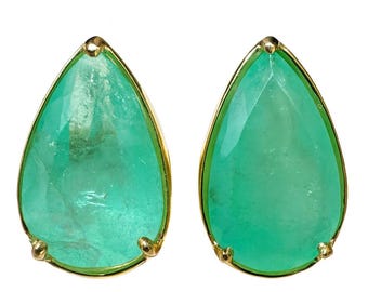 11.51tcw XL Earthy Colombian Emerald Three Prong Studs 14K, Teardrop Emerald Stud Earrings 14 karat Gold, Organic Emerald Earrings