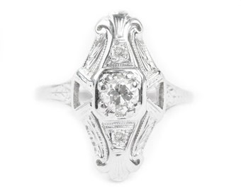 0.50tcw Diamond Cocktail Ring Art Deco Diamond Ring, 14K Right Hand Statement, Old Mine European Cut Filigree Milgrain Ring, Vintage Diamond
