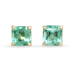 3.0cts Colombian Brilliant Sea Green Emerald Solitaire Stud Earrings 18K, Excellent luster and clarity square cut Colombian emerald Studs