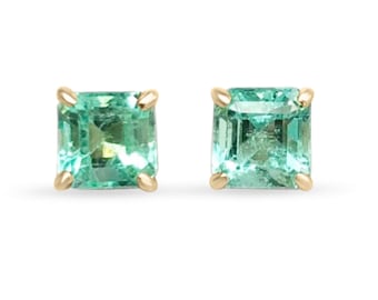 3.0cts Colombian Brilliant Sea Green Emerald Solitaire Stud Earrings 18K, Excellent luster and clarity square cut Colombian emerald Studs