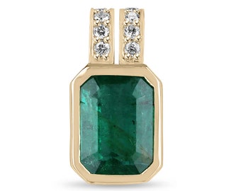 4.69tcw 18K Natural Dark Rich Green Emerald & Diamond Accent Pendant, Emerald Cut Emerald Bezel Set in Gold, Split Bale with Pave Diamonds