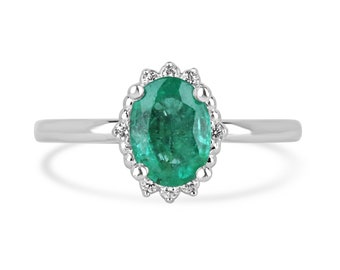 1.30tcw 14K Natural Oval Cut Emerald & Petite Diamond Accent Ring, Prong Set Medium Dark Green Emerald, Diamond and Bead Halo Accent Ring