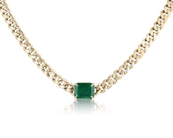 1.90ct 14K Rich Green Emerald Gold Necklace, Dark Green Emerald Cut Emerald Cuban Link Chain Necklace, May Emerald Gift Statement Necklace,