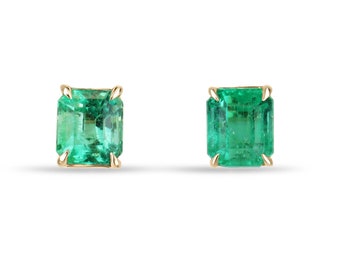 2.21tcw 18K Emerald Cut Colombian Emerald Stud Earrings, Rich Vivid Green Emerald Set in Four Claw Prong, 750 Gold May Gift Earrings Unisex
