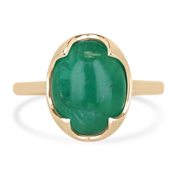 4.29ct 14K Natural Oval Cabochon Cut Emerald Solitaire Ring, Four Prong Medium Dark Green Emerald Accent Ring, Oval Cut May Emerald Ring 585