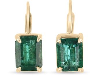 Vivid Dark Green 5.0tcw Fine Grade Emerald-Emerald Cut Lever Back Earrings 18K, Natural Real Earth Mined Emerald Lever Back Earrings Gold