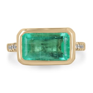 5.97tcw 14K East-West Emerald-Emerald Cut & Diamond Accent Ring,Horizontal Bezel Emerald Solitaire 14K Gold,Emerald Solitaire w Accents Ring