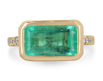 5.97tcw 14K East-West Emerald-Emerald Cut & Diamond Accent Ring,Horizontal Bezel Emerald Solitaire 14K Gold,Emerald Solitaire w Accents Ring