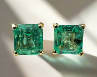 1.39tcw Vibrant Asscher Cut Colombian Emerald Studs 14K Yellow Gold, 14K Emerald Earrings, Emerald Push Back Earrings, Natural Emerald Studs