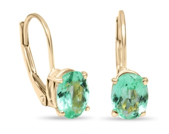 1.42tcw Emerald Leverback Earrings, 14K Emerald Earrings, Emerald Oval Lever back Earrings, Yellow Gold Emerald Earrings, Emerald Earrings