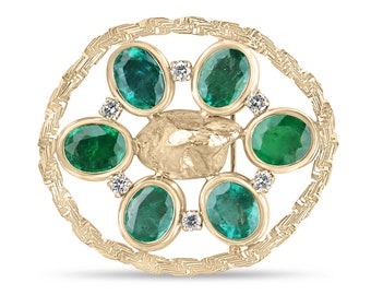 15.84tcw 14K Natural Oval Emerald & Round Diamond Brooch, Medium Rich Green Emerald Bezel Set, 24K Gold Nugget Centerpiece Statement Brooch