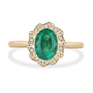 1.65tcw 14K Natural Oval Cut Emerald & Diamond Floral Inspired Halo Ring, Oval Emerald+ Diamond Halo Engagement Ring, Gold Emerald Ring