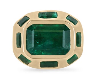 8.98tcw 18K Natural Multi-Emerald Statement Ring, Bold Emerald Cut Emerald Gold Ring, Rich Green Emerald Bezel Set 9 Stone Chunky Gold Ring