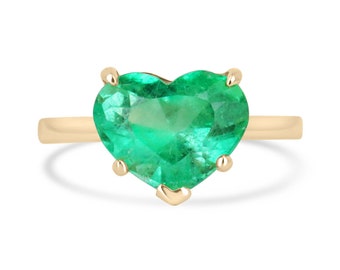 4.53ct 18K Vivid Electric Green Heart Colombian Emerald, Yellowish-Green Hue Heart Cut, 5 Prong Gold Emerald Solitaire Statement Ring in 750