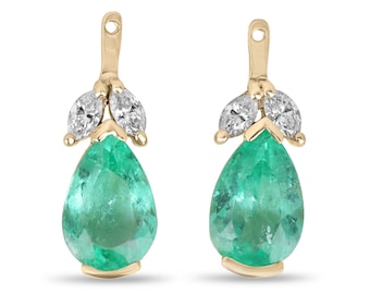 7.97tcw 18K Pear Cut Colombian Emerald & Marquise Diamond Floral Earring Jackets,Green Teardrop Emerald Earrings,18K Emerald Earring Jackets