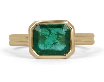2.75ct 18K Natural Emerald Bezel Solitaire Ring,East to West Emerald Bezel Ring,Split Shank Emerald Bezel Gold Ring,Emerald Anniversary Ring