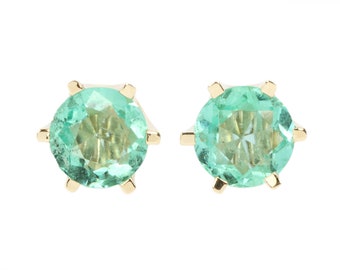 1.56tcw Earth mined Real Bright Green Transparent Emerald Stud Earrings Round Brilliant Cut, Gold Emerald Earrings,Round Emerald Studs