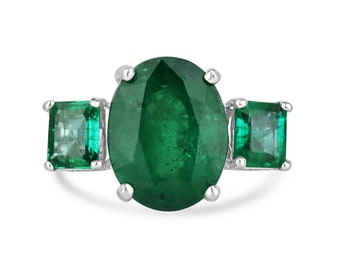 6.07tcw 14K Natural Dark Green Emerald Trilogy Three Stone Ring, Oval Cut Emerald, Emerald Cut Emerald, Petite Diamond Gallery Accent in 585