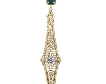 1.48tcw 14K Natural Emerald & Diamond Accent Edwardian 1910s Vintage-Inspired Pendant Necklace, Green Emerald Cut Emerald, Round Diamond 585