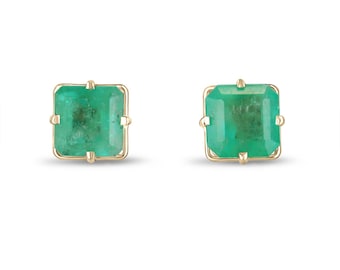 3.99tcw 14K Asscher Cut Colombian Emerald Stud Earrings, 4 Prong Medium Green Emerald Earrings, May Emerald Gift For Her Unisex Studs 585