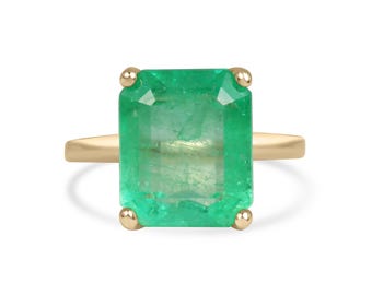 6.85 Carat Luminous Yellowish Green Big Colombian Emerald Solitaire Engagement Ring 14K, Solitaire Emerald Cut Ring, Prong Set Emerald Ring