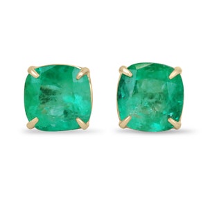 AAA 11.80tcw 18K Colombian Emerald-Cushion Cut 4 Claw Prong Emerald Earrings, 18K Gold Large Statement Heirloom Emerald Stud Earrings