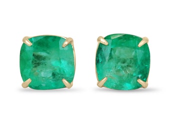 AAA 11.80tcw 18K Colombian Emerald-Cushion Cut 4 Claw Prong Emerald Earrings, 18K Gold Large Statement Heirloom Emerald Stud Earrings