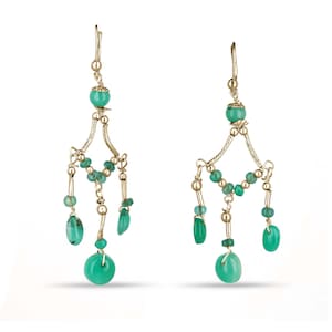 Natural Colombian Emerald Beads & Irregular Oval Cabochon Chandelier Dangle Earrings, Natural Emerald Bead Earrings,  14K Gold + Silver